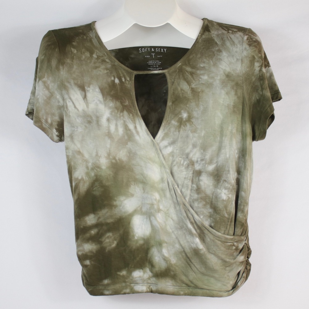 American Eagle Soft & Sexy Olive Green Tie Dye Wrap Keyhole Shirt Women's Size L